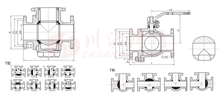 三通球阀T型(Q45F)结构图